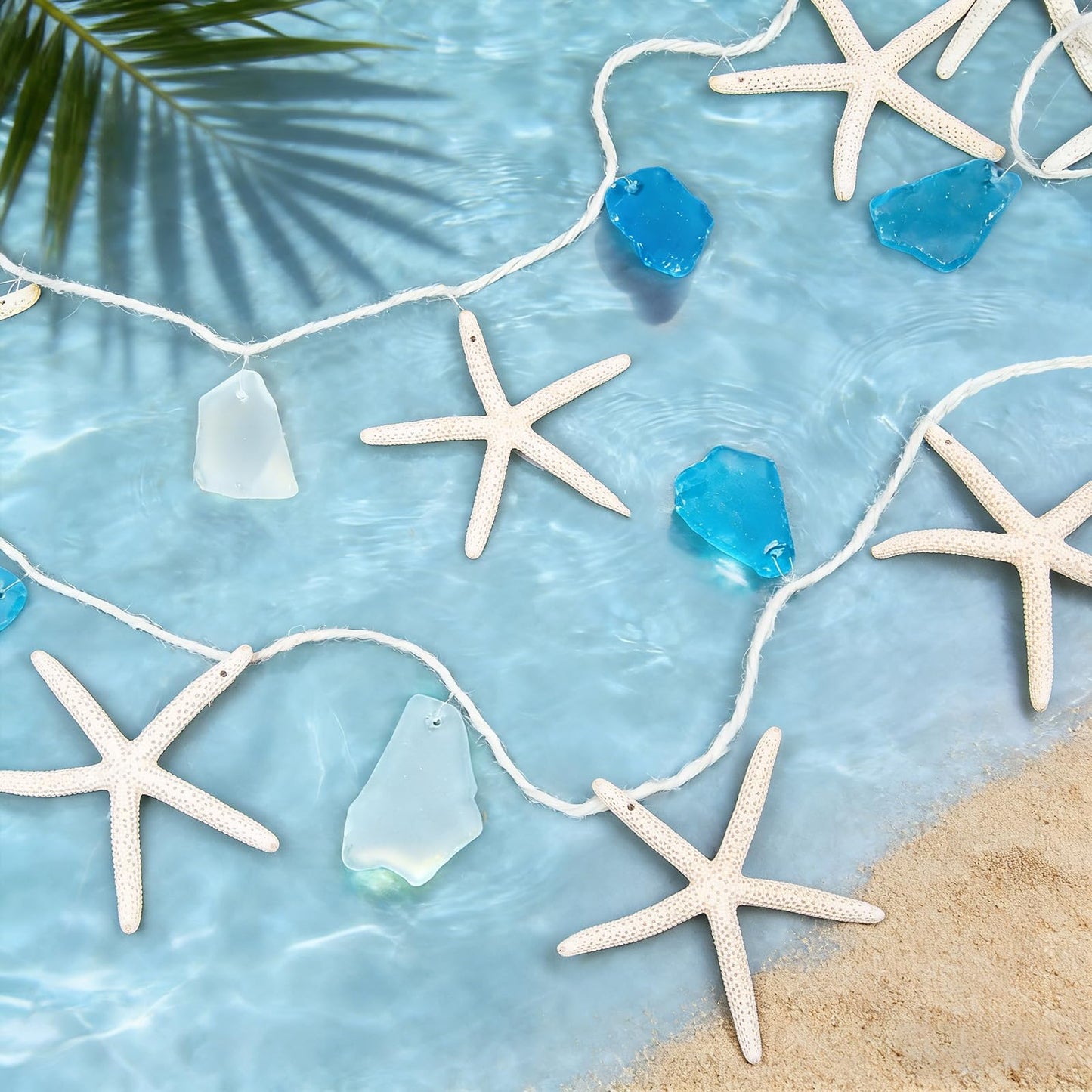 Starfish Sea Glass Garland 6.56ft, Natural Starfish & Frosted Sea Glass Beach Wedding Decor, Coastal Wall Art for Living Room Bathroom, Indoor Outdoor Home Decor, Mermaid Under The Sea Party Decor