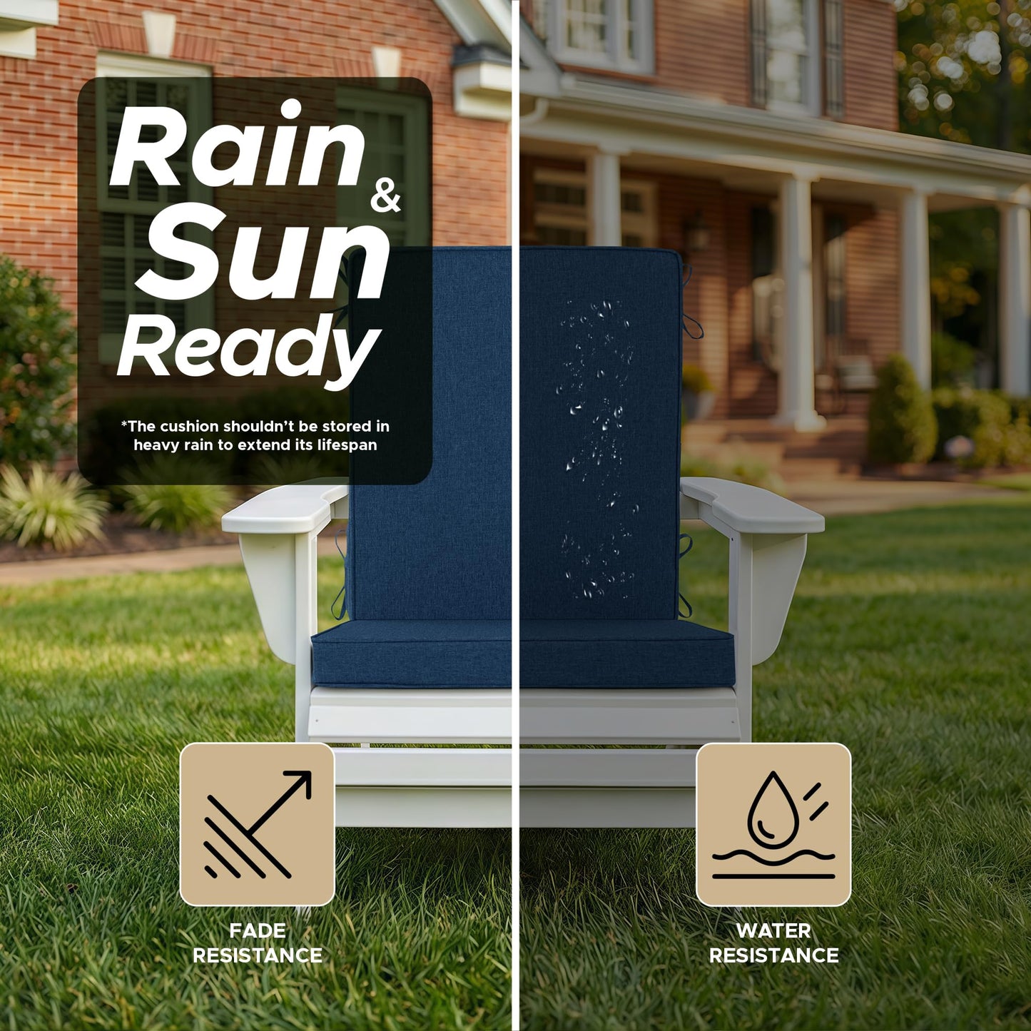 Fitfree Outdoor Chair Cushions 20x20, Water-Resistant & Fade-Resistant, Patio Furniture Lawn Dining Chair Seat Replacement with High Back, Ties Zipper, Removable Cover, Set of 4, Navy Blue