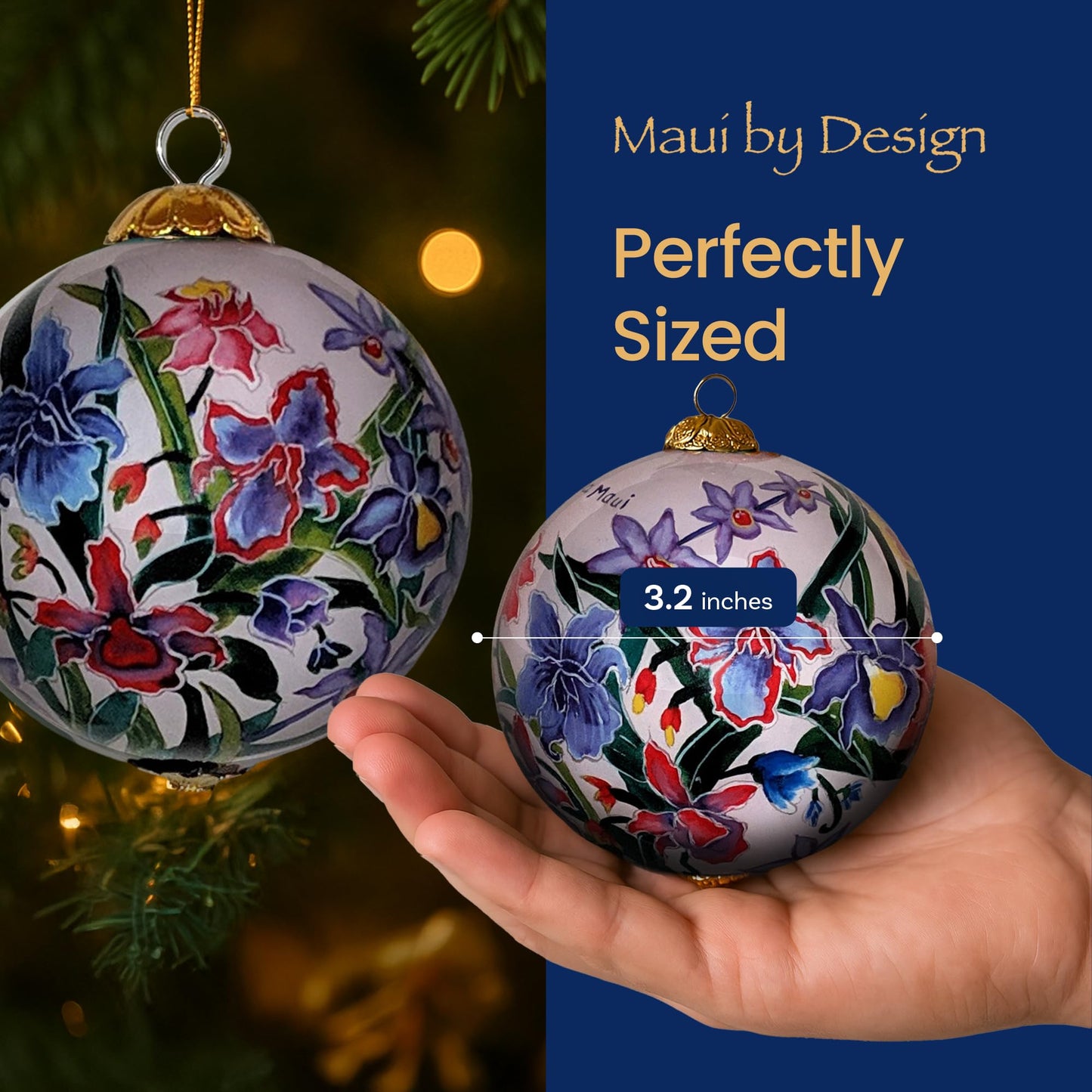 Collectible Hawaiian Orchids Ornament Hand-Painted Glass with Protective Gift Box POR/M