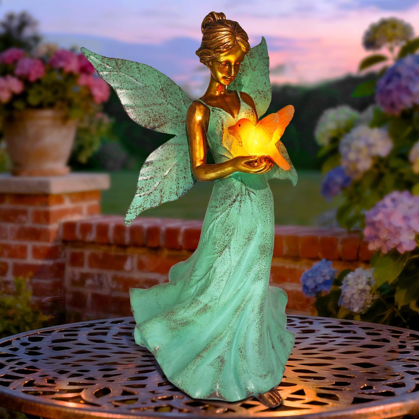 Solar Fairy Garden Statue Decor - Gifts for Women Mom Mother's Day, 10 Inch Angel Girls Resin Figurine Waterproof Home Decoration with Hummingbird LED Lights for Bedroom Balcony Table Yard Patio