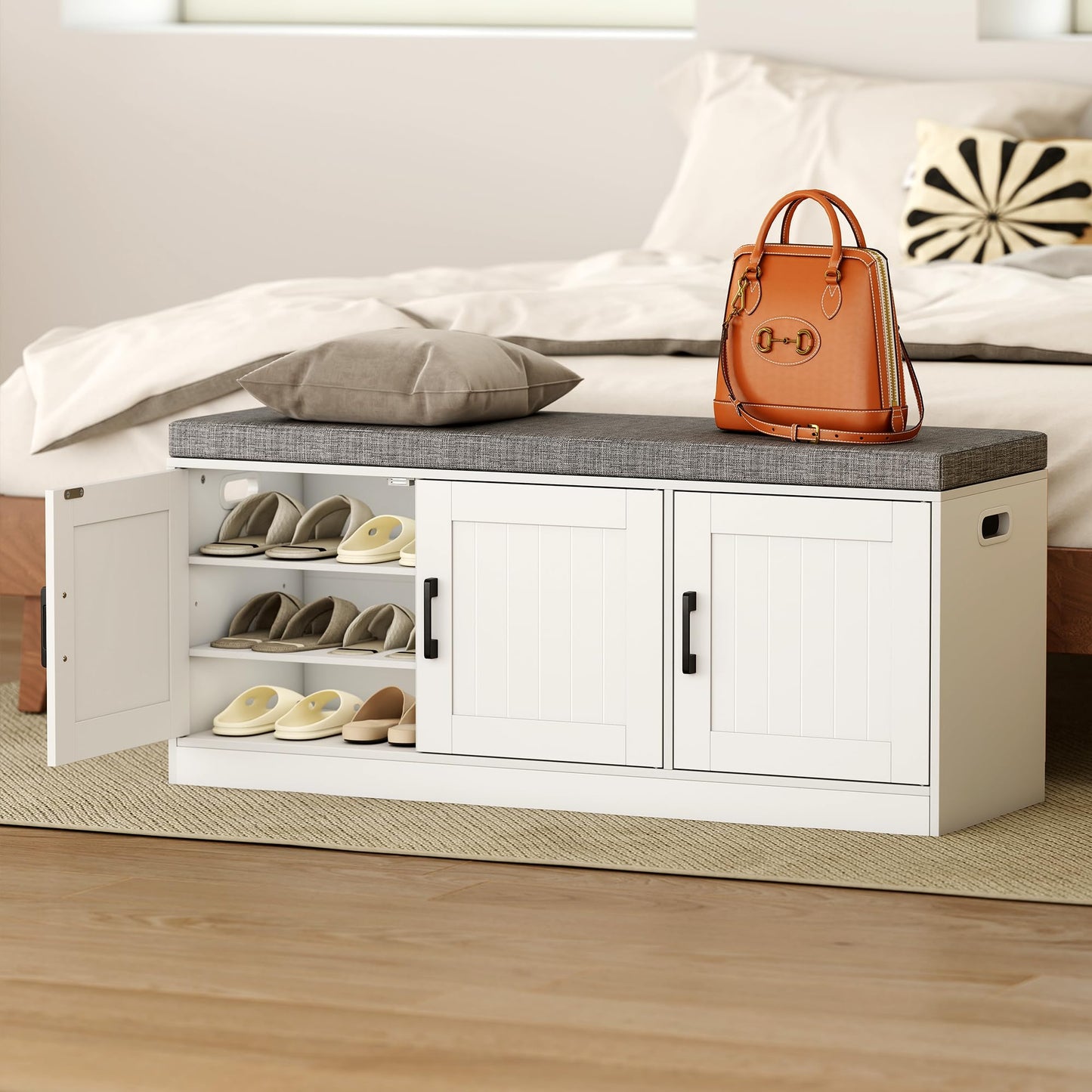 Suuiwau 3-Tier Shoe Storage Bench with Adjustable Shelf, Large Capacity Entryway Shoe Bench with Thickened Padded Seat Cushion and 3 Doors for Entry, Bedroom, Hallway (White,42.5 * 14in)