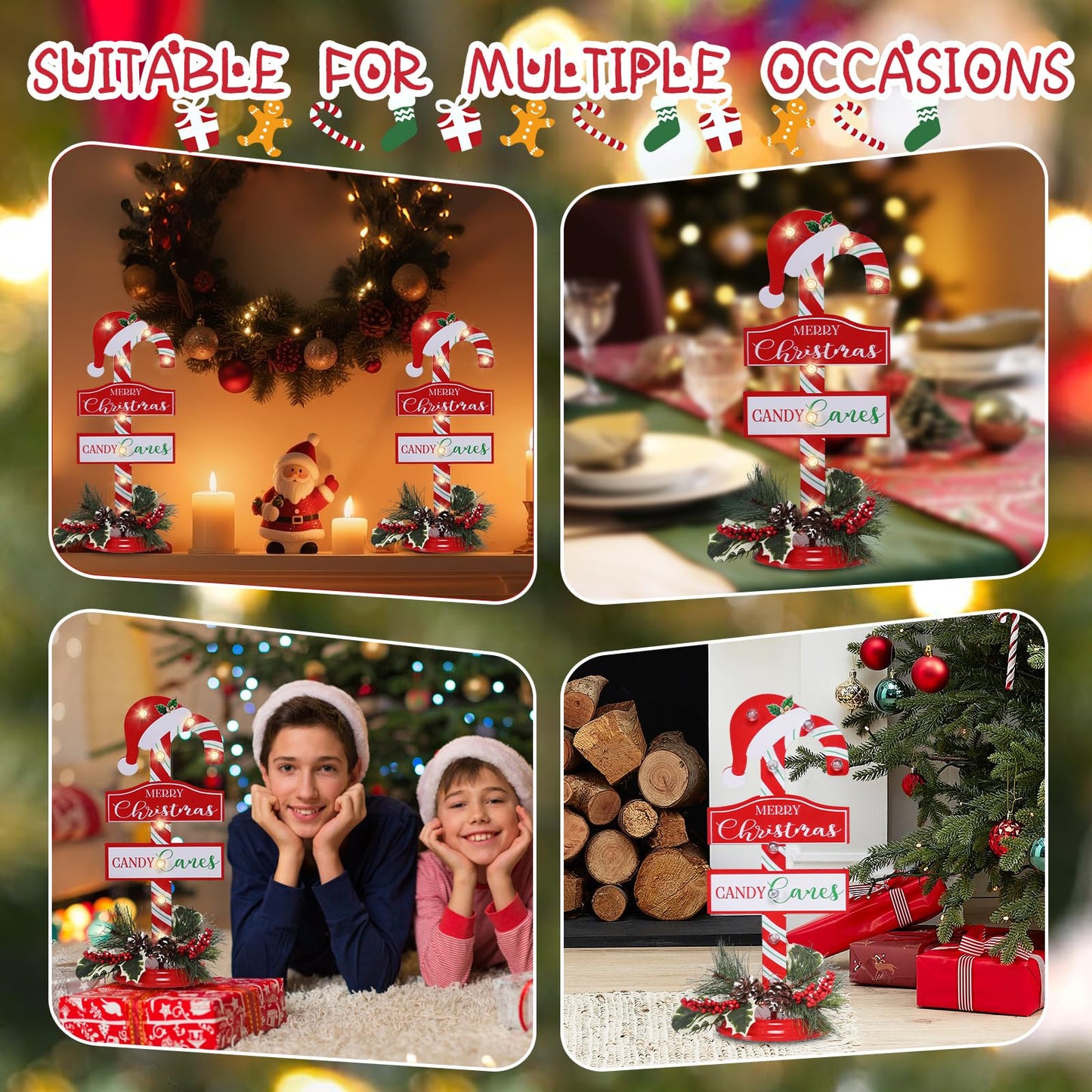 WONDER GARDEN Christmas Signs Indoor - 2 Pack Lighted Candy Cane Signs with Artificial Holly Berries, 16 Inch Metal Standing Merry Christmas Sign Decorations for Home or Party Table Decor Gift(Hat)