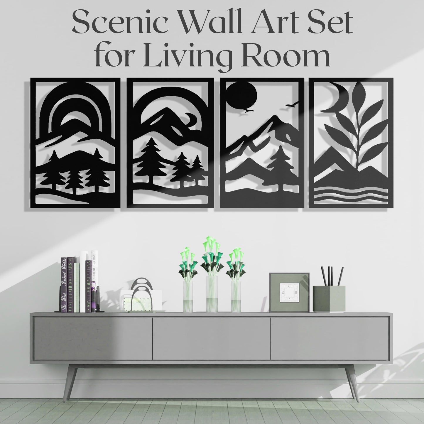 GALLERY GRACE Metal Wall Art Decor – 11" x 16" Set of 4 Abstract Landscape Panels for Living Room, Office, or Bedroom – Minimalist Single Line Black Wall Art with Mountains, Trees, and Sunrise