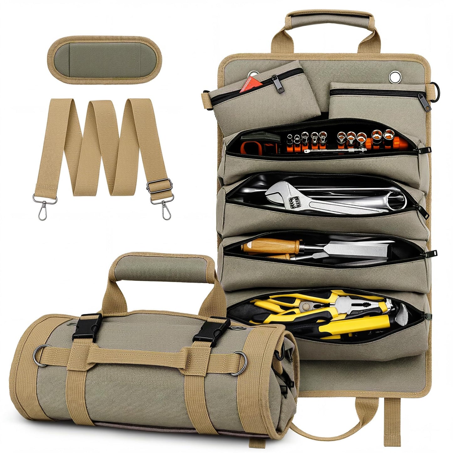 Tool Roll Up Bag, 1680D Heavy Duty Tool Bag Organizer with 2 Detachable Tool Pouches & Multiple Pockets, Waterproof Motorcycle Tool Roll for Mechanic & Electrician, Gift for Men Him Dad, 21.9"*14.7"