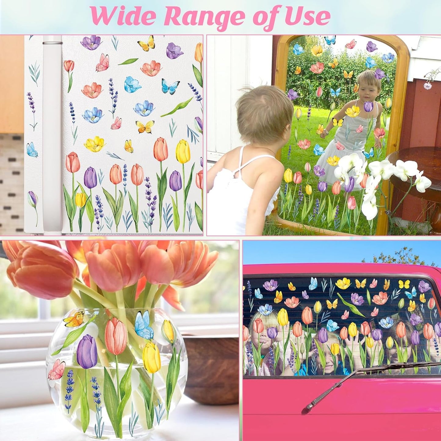 63PCS Spring Window Clings, 10 Sheets Reusable Window Stickers for Glass with Hummingbirds Butterflies Tulip Flowers,Spring Summer Window Decor