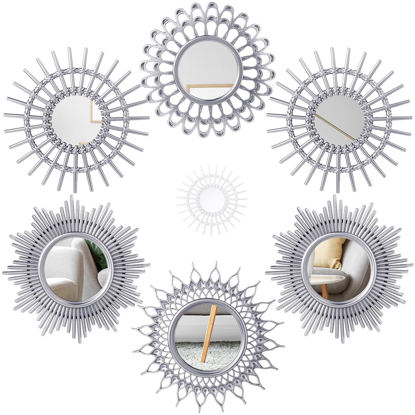 Namalu 6 Pcs Mirrors - Small Circle Sun Mirrors for Decorative Wall Art - Entryway, Bathroom, Bedroom, Living Room (Silver, Classic)