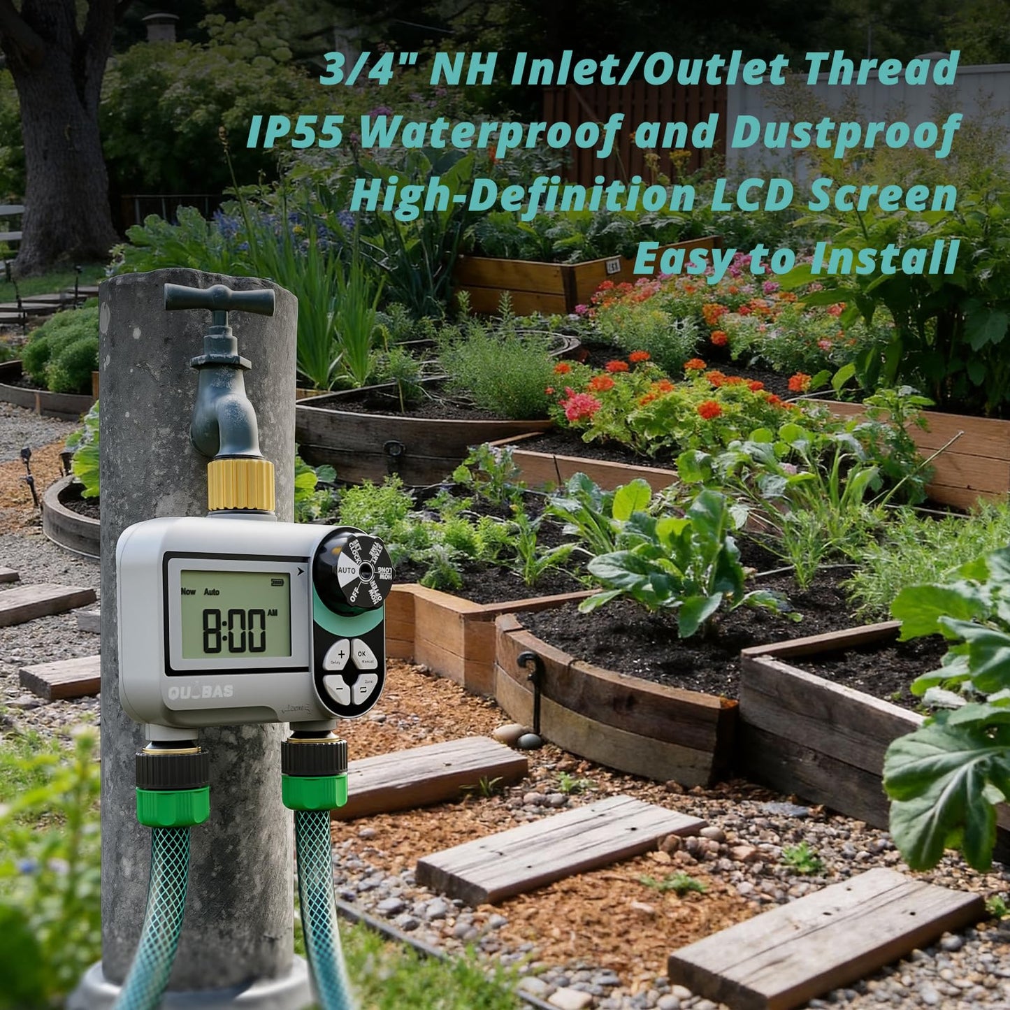 QUOBAS Brass Sprinkler Timer, Programmable Water Hose Timer for Garden Hose Faucet with Waterproof LCD Screen, Rain Delay/Manual/Automatic Irrigation Watering System for Garden, Lawn, Yard - 2 Zone