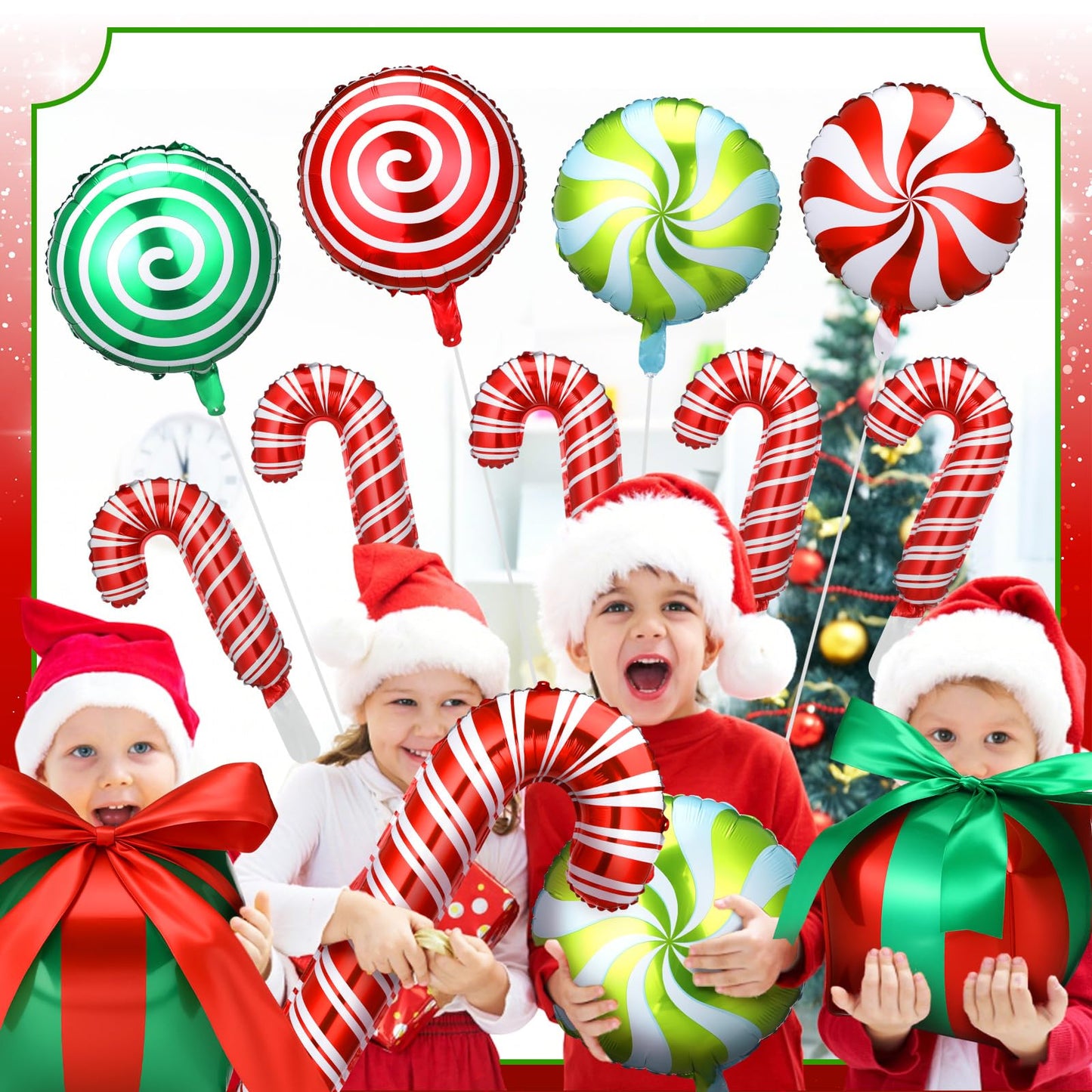 Arrowbash 72 Pcs Christmas Balloons Decorations Set Candy Cane Gift Box Foil Balloons Set Red and Green Lollipop Decorations for Christmas Xmas Theme Birthday Holiday Party