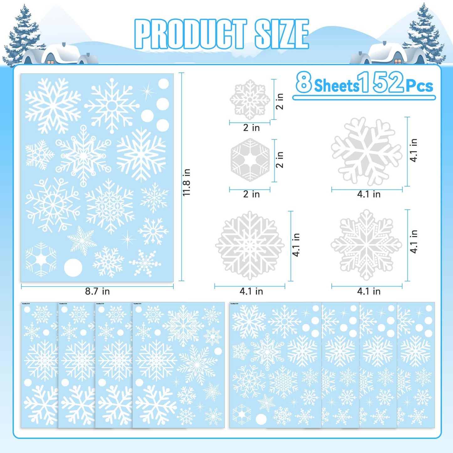 White Snowflakes Window Clings - 8 Sheets 152 Pcs Christmas Snowflake Window Clings Decal Stickers Decor for Glass Windows Classroom Home Office for Winter Wonderland Frozen Theme Party