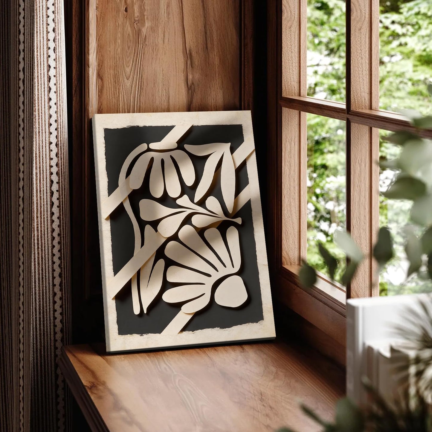 Moody Abstract – Mid Century Modern Botanical Wall Art, Beige & Black Organic Shapes, Scandinavian Decor (24 * 36inch,Frame)