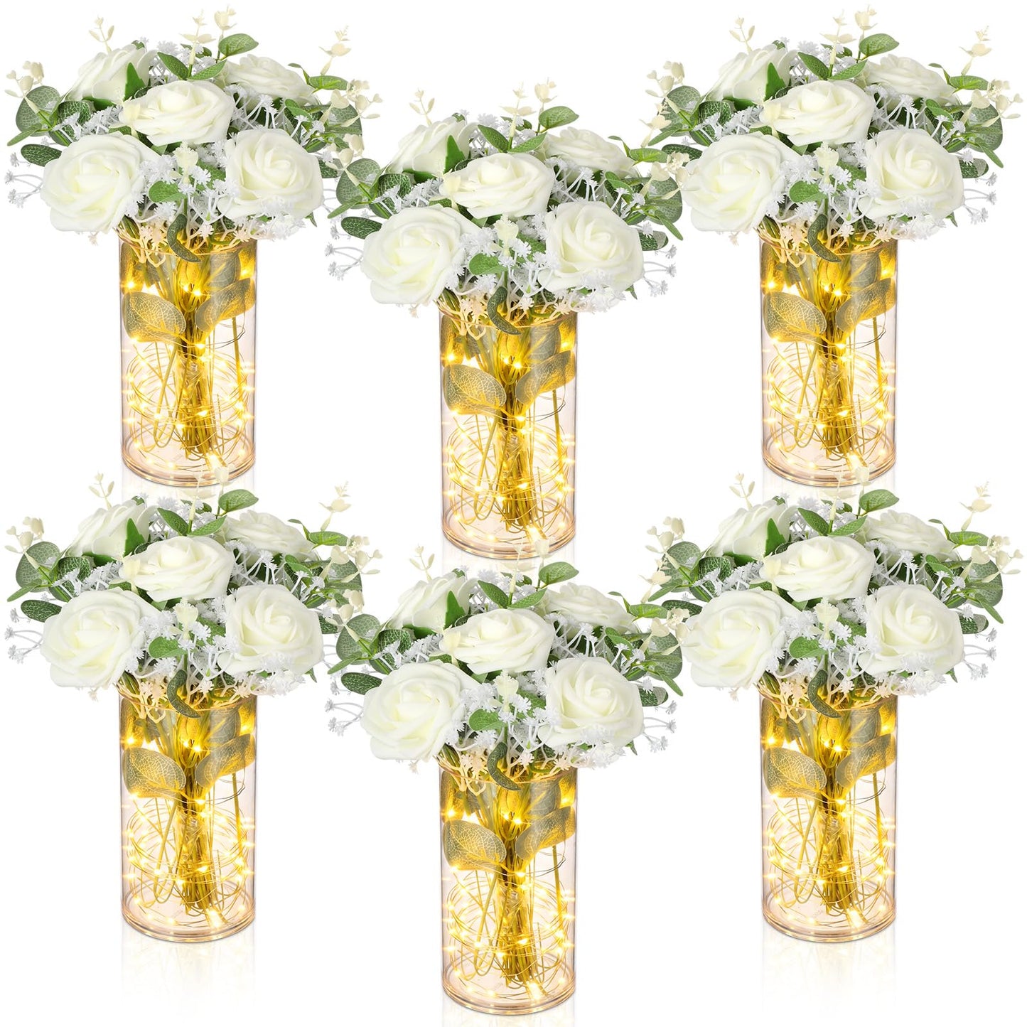 Domensi 6 Sets Wedding Table Centerpieces, LED-Enhanced Floral Arrangements with Faux Roses, Eucalyptus, Baby's Breath, and Acrylic Vase for Bridal Showers, Home Dining, and Parties (White)