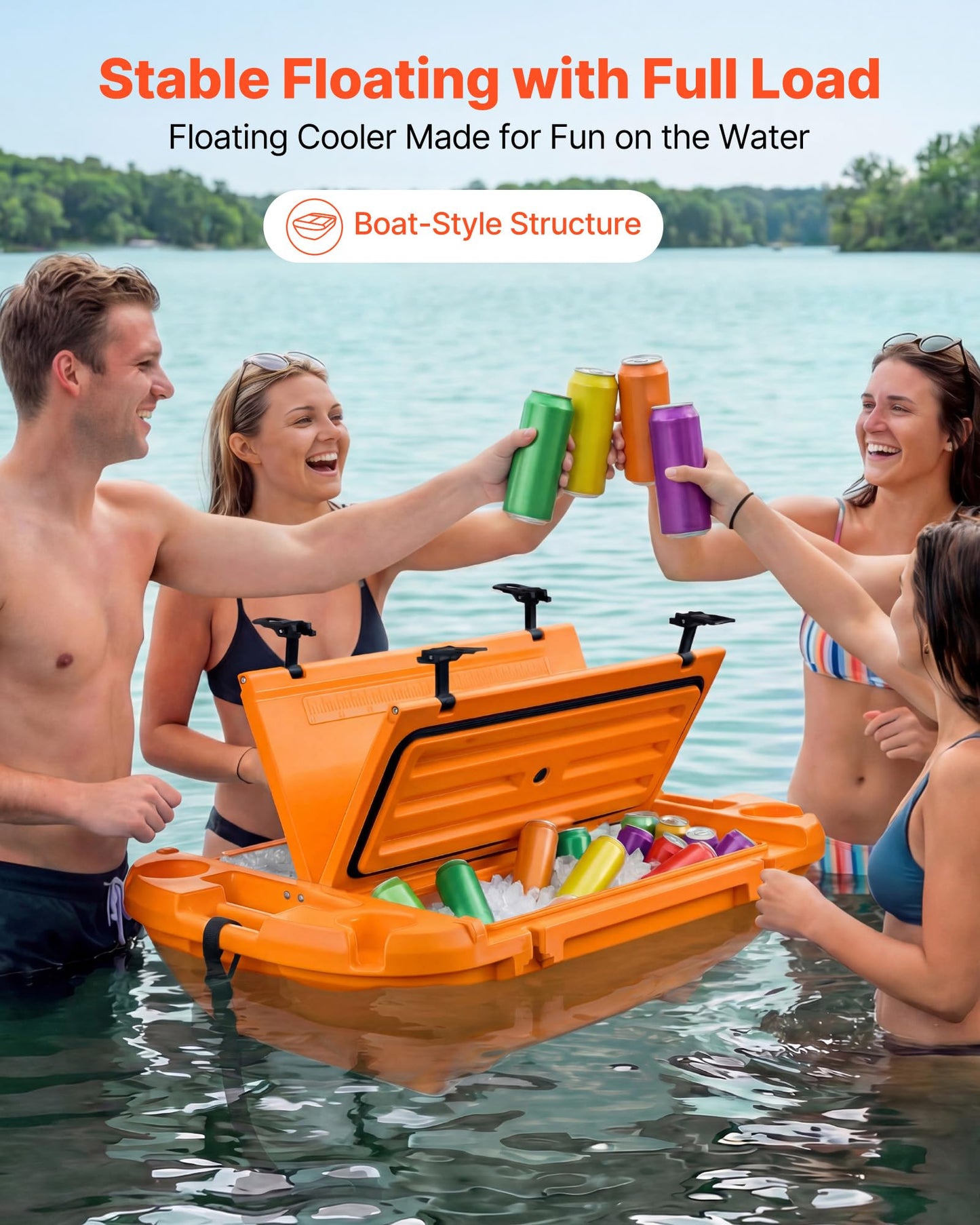VEVOR 40QT Floating Cooler, Spacious Floating Ice Chest with Dry Storage Vessel & Tow Rope, Premium LLDPE Beverages Cooler for Water & Land, Smooth Cruiser on Lake River Beach Kayak - Orange