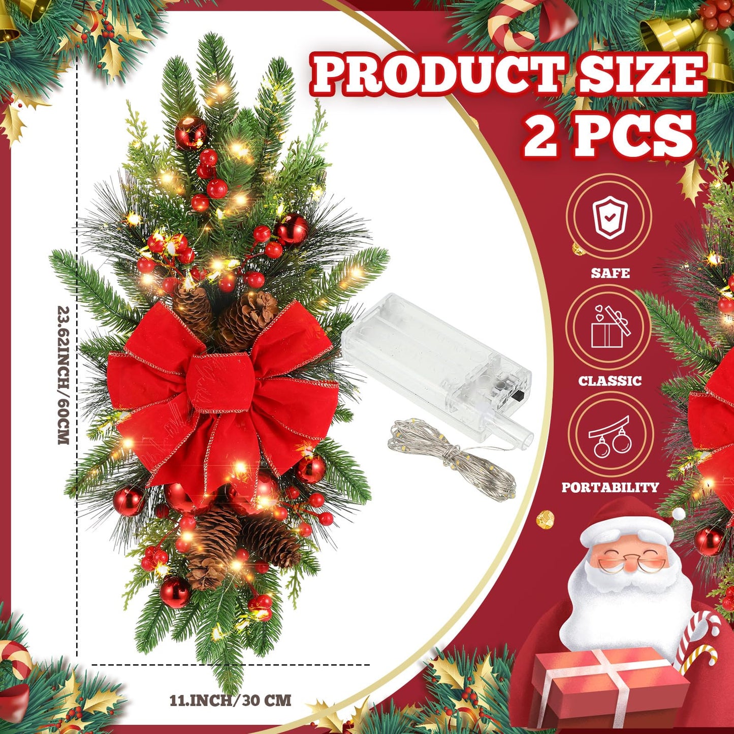 Lyrow 2 Pack Christmas Artificial Swags 24" Xmas The Cordless Prelit Stairway Swag Teardrop Trim Wreath Door Stair Garland Christmas Wreath for Outdoor Home Garden Decor (Red Ribbon)