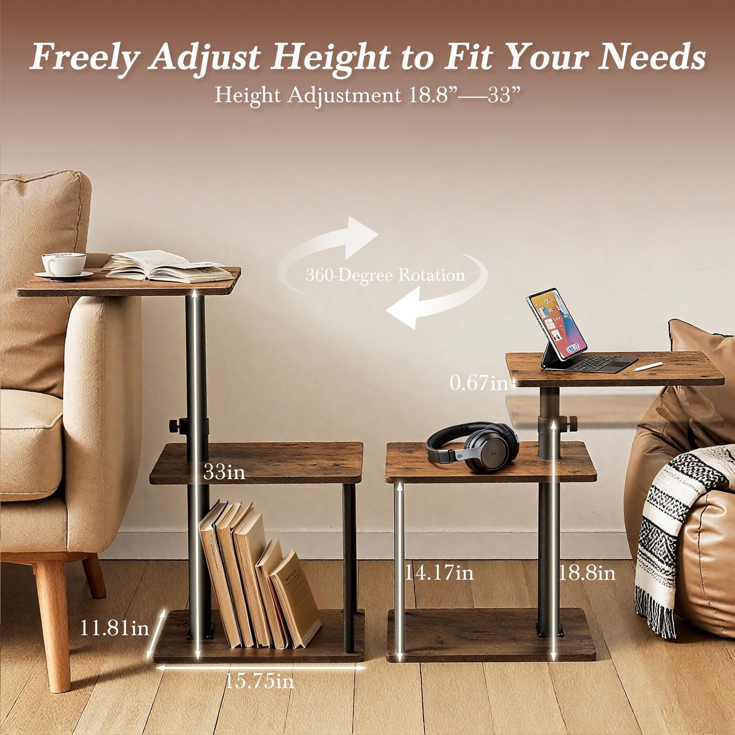 Faesun 360° Swivel Side Table for Height Adjustable, C Shaped End Table for Couch with Storage, 3-Tier Night Stand with Open Shelf, Tv Tray for Small Spaces, Living Room, Bedroom, Rustic Brown