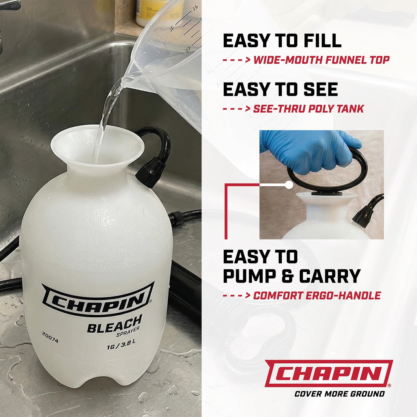 Chapin 22074 Bleach Pump Sprayer, 2‑Gallon, Lawn & Garden, Bleach‑Resistant Poly Tank, Funnel‑Top, Anti‑Clog Filter, Adjustable Cone Nozzle, 40" Hose for Cleaning, Mold & Disinfecting Applications