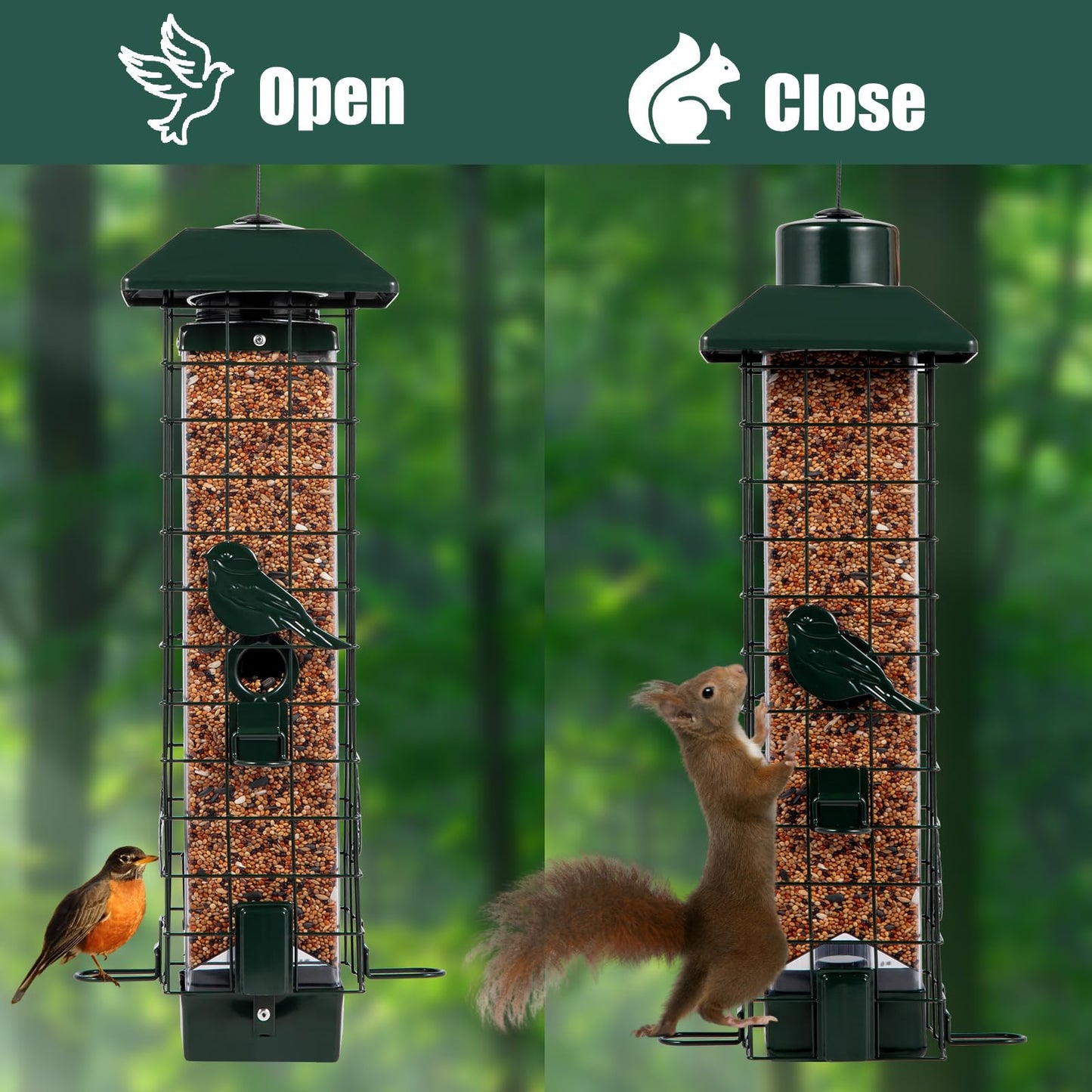 Squirrel Proof Bird Feeders for Outdoors, Metal Wild Bird Feeder for Outside Hanging, 4 Ports Perches, 3LB Large Capacity (Green)