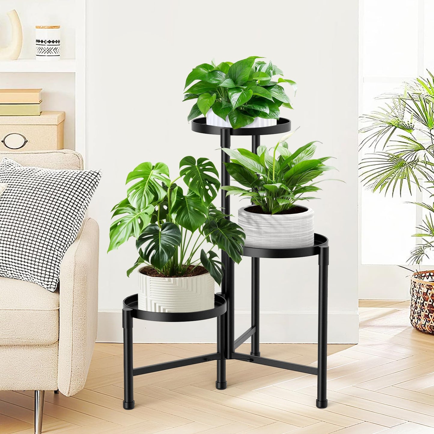 JOPBENG 3 Tier Corner Plant Stand Indoor Outdoor, Metal Plant Shelf with 10 Inch Wide Tray,Flower Pot Display Holder Iron Rack Organizer Stand for Living Room Office Garden Patio Balcony Black