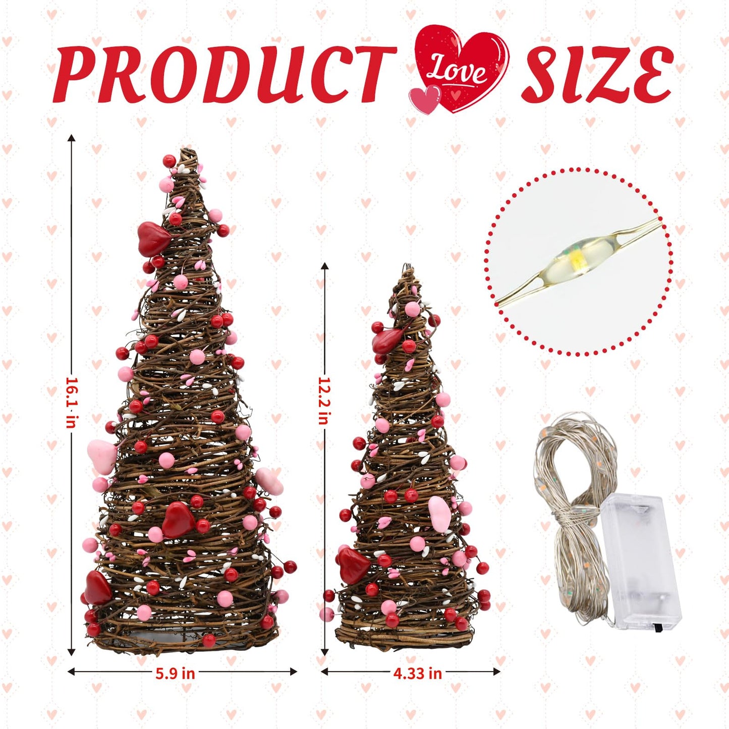 CRCZK Valentines Day Rattan Table Tree Decor with Lights Valentines Day Decorations 2Pack Lighted Tree with Red Heart&Berries Pink Table Centerpieces Valentine's Day Decorations Indoor Party Gifts