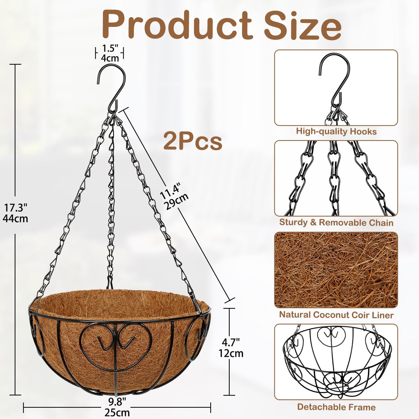 Nature Crafted 10 inch Metal Hanging Baskets for Plants Outdoor, 2 Pack Metal Wire Hanging Basket Planter with Coco Liner Flower Pots for Indoor Outdoor Garden Porch Patio, Heart-Shaped