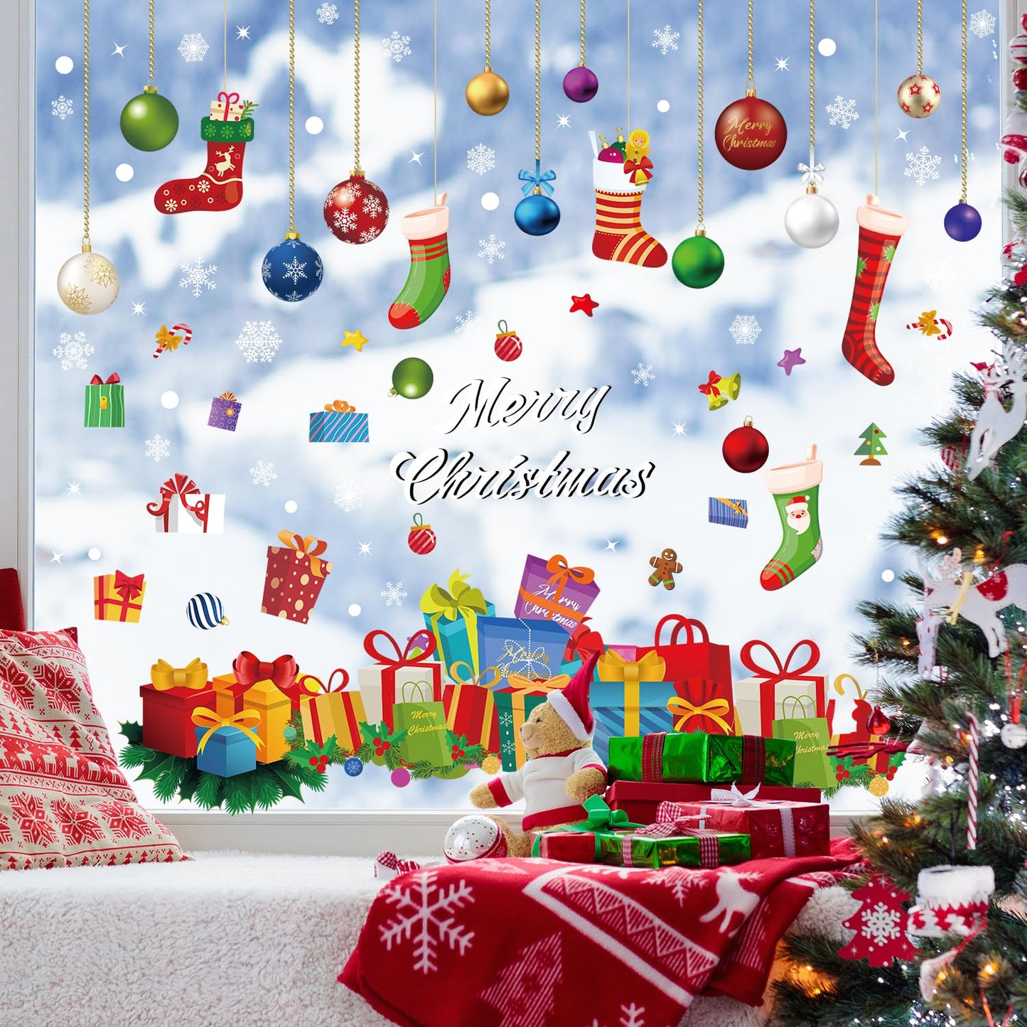 Quera Christmas Window Clings Christmas Ball Snowflake Gift Box Dot Static Window Stickers for Xmas Holiday Window Decorations Decal Home Party Ornaments, 11.8 "X 11.8", 6 Sheets