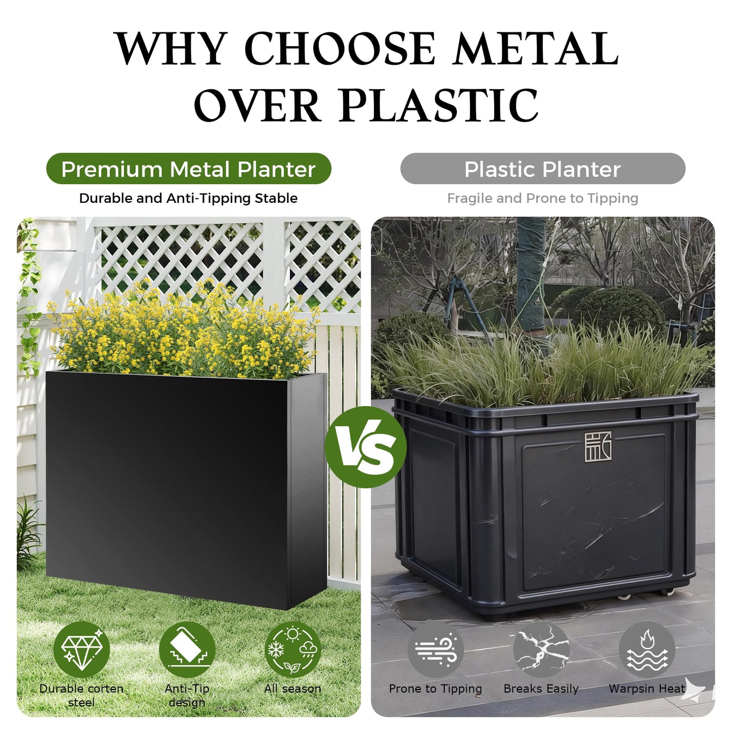 R.Wisem Outdoor planters for Porch Outdoor Tall Planter Box Black Metal Privacy Screen Planter Box Tall Rectangular Narrow Large Big Patio Porch Planter for Outdoor Plants