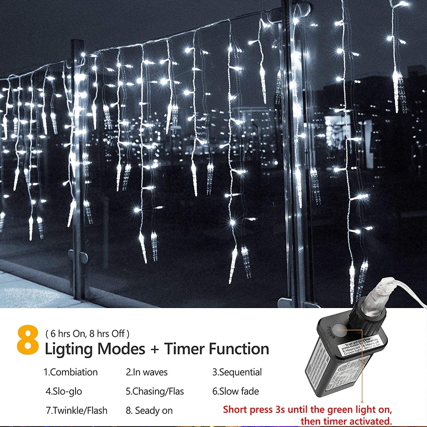 Icicle Christmas Lights, 29.5ft 360 LED Connectable Icicle String Lights with 60 Drops, Window Curtain Fairy Light with 8 Modes, Christmas Fairy Twinkle Light for Garden Eaves Xmas Decorations (White)