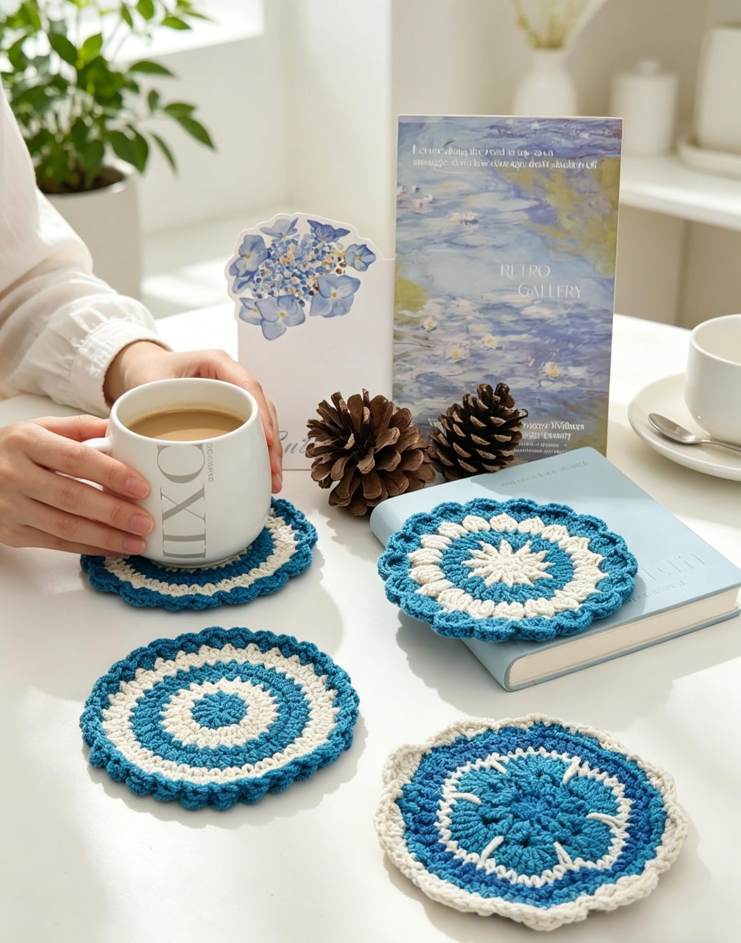 Handmade Crocheted Pure Cotton Coasters, 6-piece Set of Coasters, for Desktop Protection, Home Decoration, Suitable for Weddings, Housewarming, Birthdays
