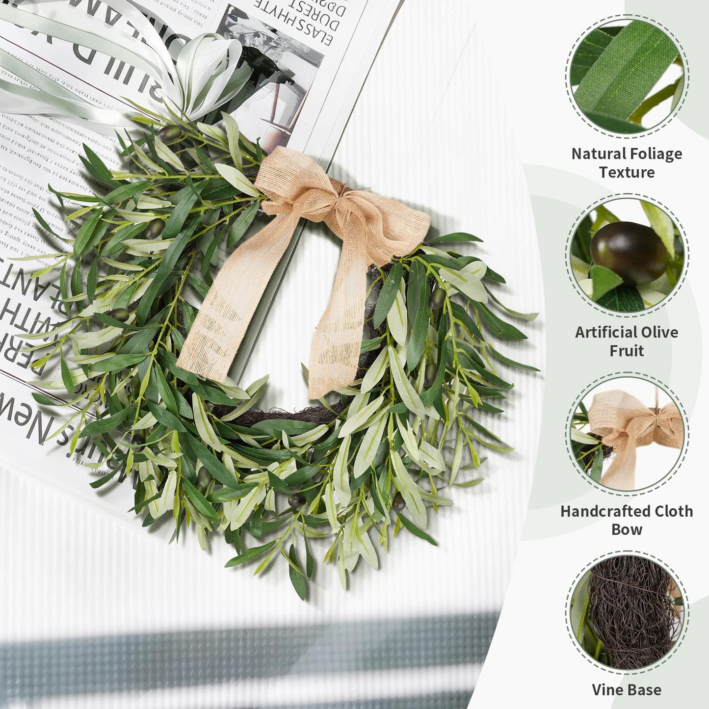 20.87 Inch Artificial Olive Wreaths for Front Door, Real Touch Green Leaf Olive Fruit Spring Flower Swag, Perfect for Wedding Home Outdoor Indoor (1PCS)