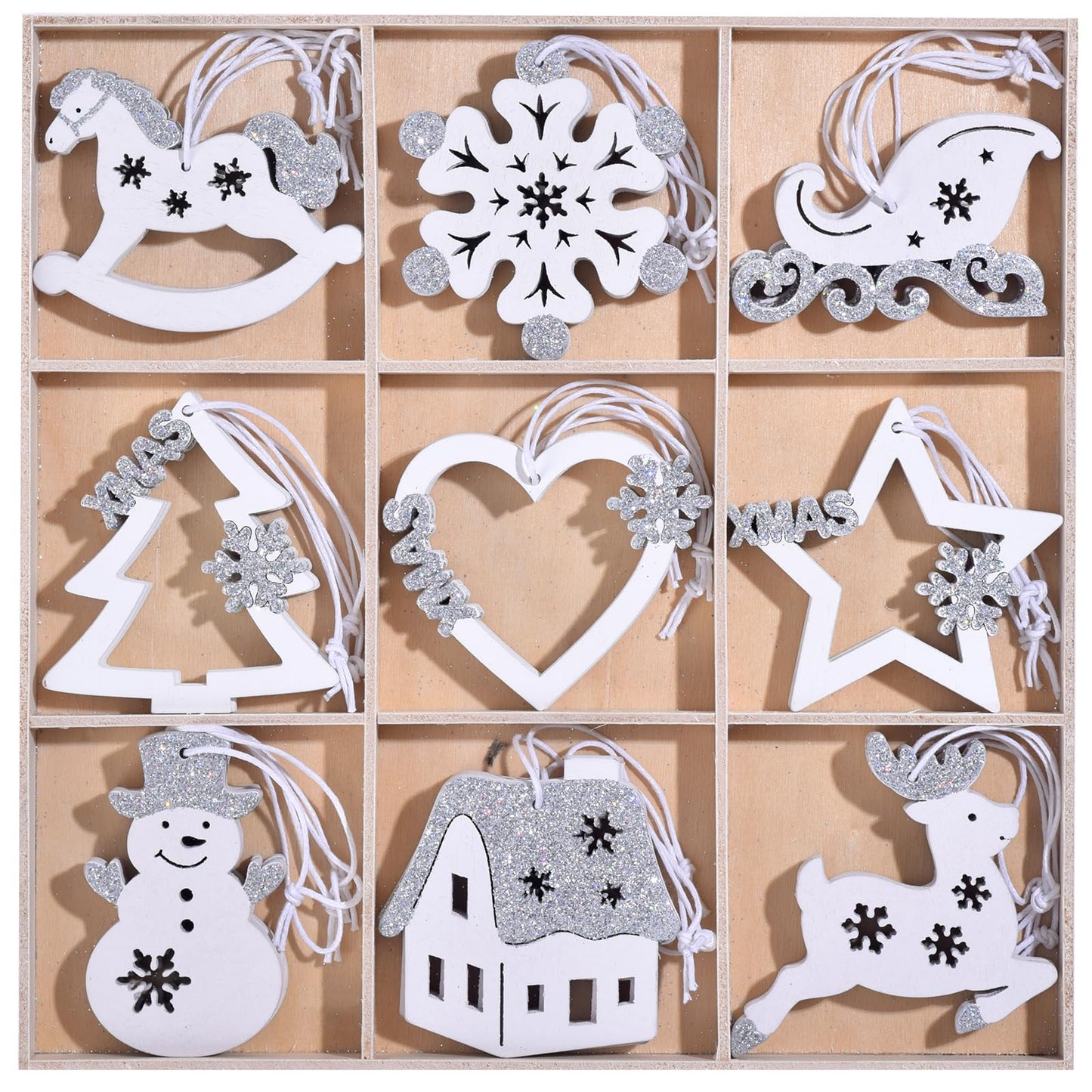 27Pcs Pieces Christmas Wooden Tree Decorations, White Silver Hanging Ornaments Set, Winter Holiday Party Snowflake Elk Snowman Decor Crafts for Xmas Wonderland Home Door Wall Window Box (White Silver)