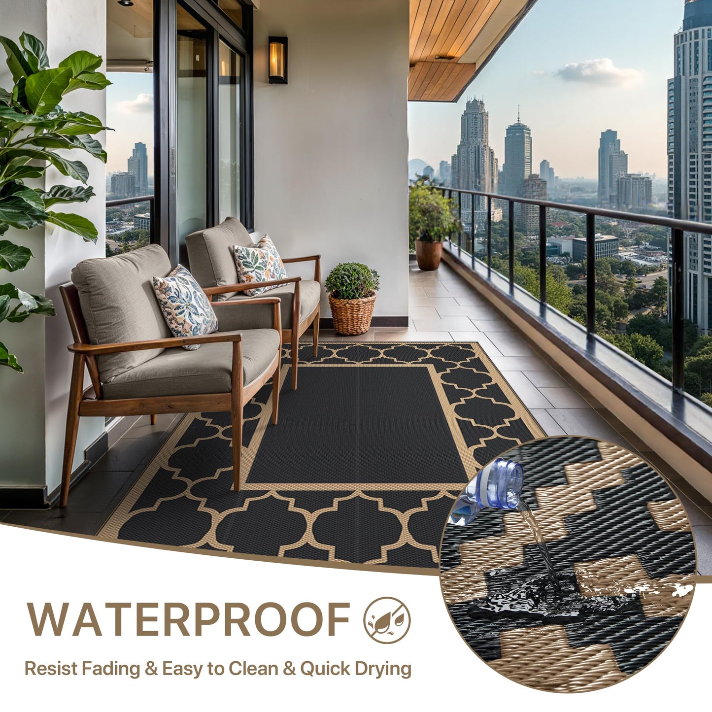 GENIMO Outdoor Rug 9' x 12' Patio Waterproof, Foldable Reversible Plastic Straw Area Rugs Mat for Camper Decor, Outside Carpet for Rv, Deck, Porch, Picnic, Beach, Balcony, Black & Brown