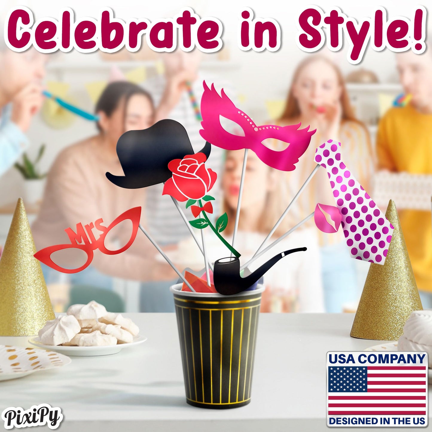 Photo Booth Props - 66 Piece Multicolor Kit - Fun Selfie Party Accessories - Mustaches, Hats, Lips & More - by PixiPy