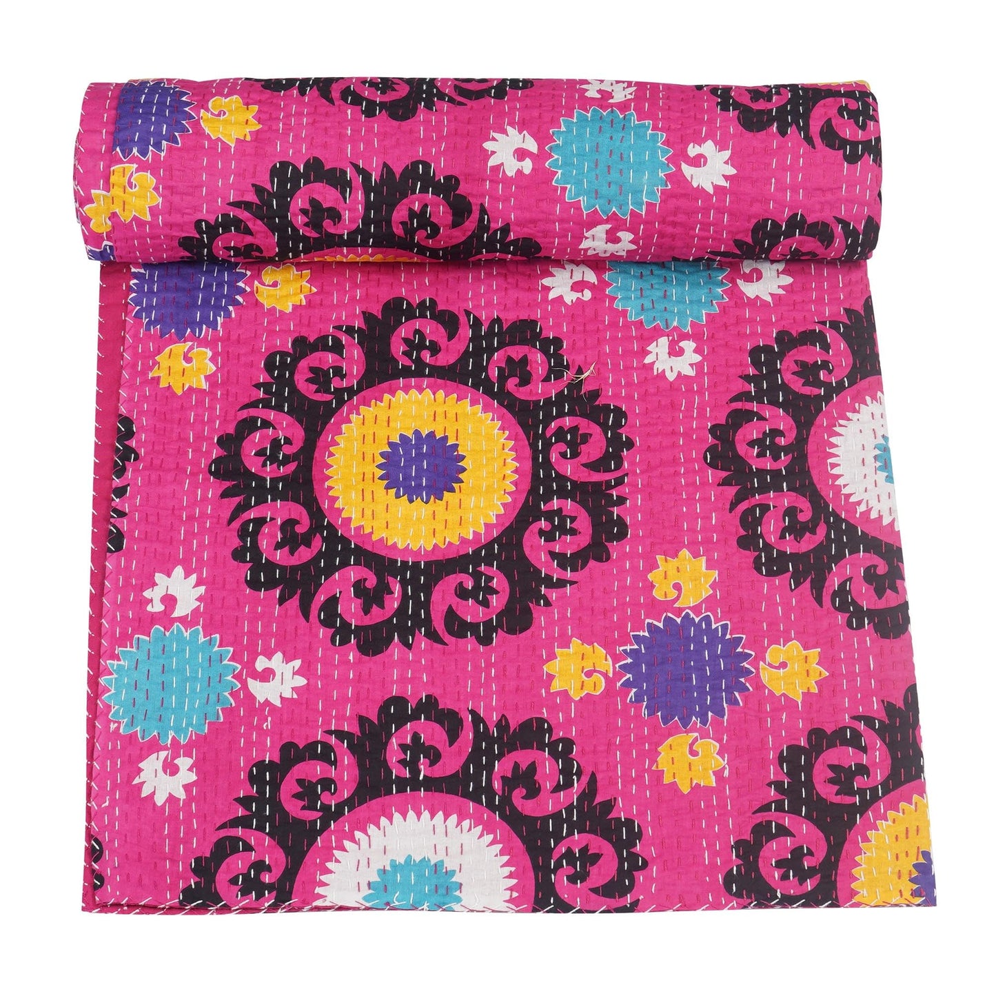 Marubhumi Indian Handmade Traditional Unique Print Kantha Quilt Indian Cotton Bedding Throw Blanket Bespread Hand Stitched with Love (Pink, Queen (90"x 108"))