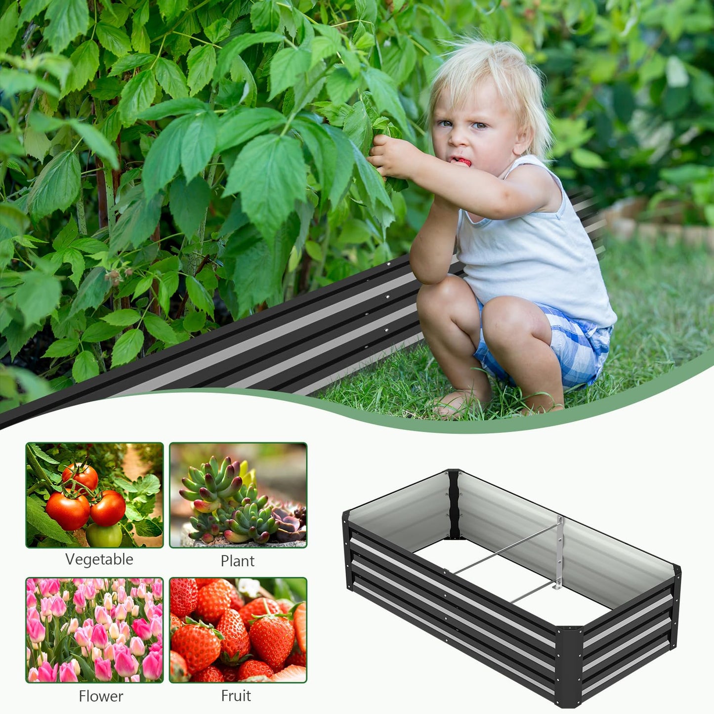 UrGROWA 3 in 1 Galvanized Raised Garden Bed with 87" H Arch Trellis for Climbing Plants, Outdoor Gardening Planter Box with Climbing Net for Flower Vegetables Fruits Herbs, Black