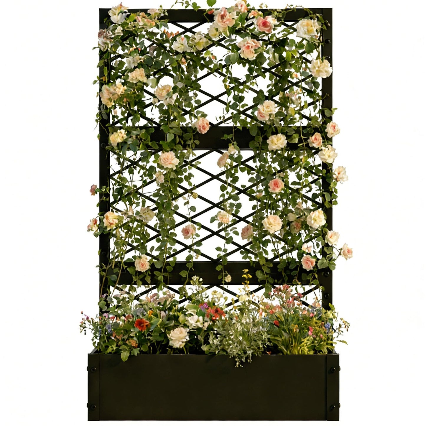 aboxoo 59 inch Metal Planter Planter Box with Privacy Screen Trellis Outdoor Raised Garden Bed Standing Garden Flower Bed with Drainage Holes(Black)