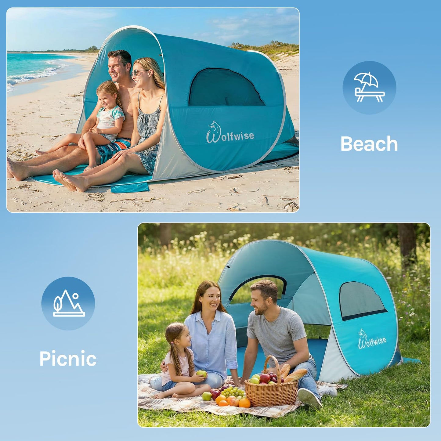 Wolfwise Pop up Beach Tent Sun Shelter with UPF50+ UV Protection, Instant Easy Setup Popup Beach Shade Canopy for 3 Person, Portable & Foldable with Carring Bag, 87 ×57×47 in, Blue