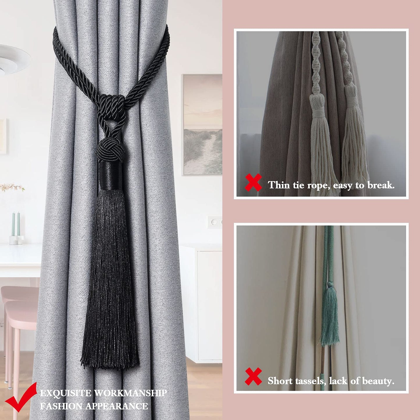 NICEEC 2 Pack Long Tassel Curtain Tiebacks Handmade Braided Rope Knot Drape Tie Backs European Style Decorative Curtain Holdbacks for Home & Office Window Drapery (Black)