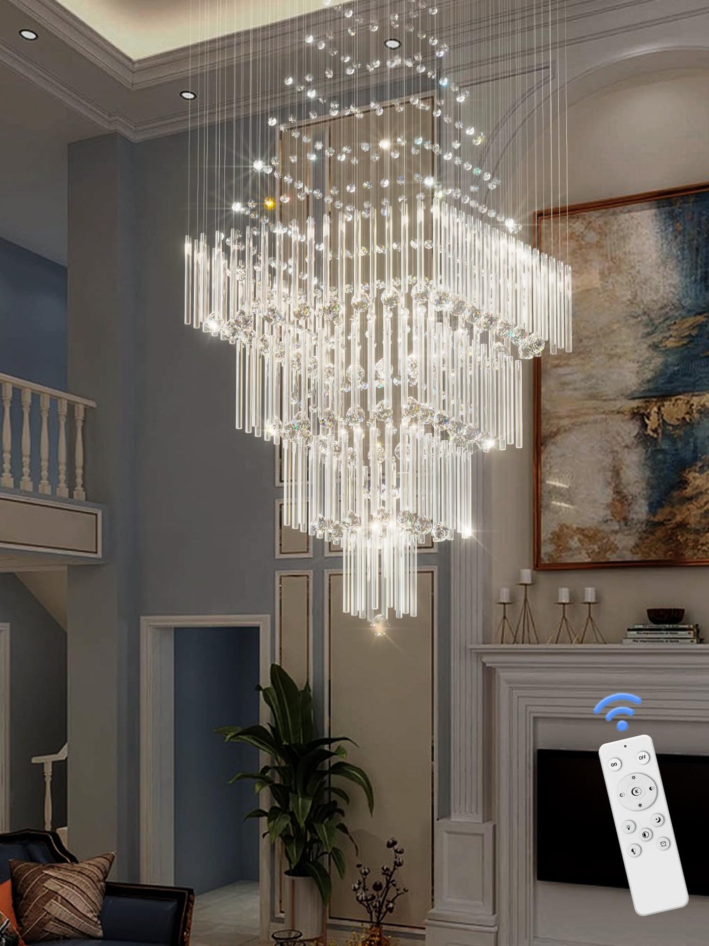 Flashing God D32''X H79'' Foyer Chandelier for High Ceilings,Square Crystal Raindrop Chandeliers,Large Chandelier for Entrance Foyer Villa,4 Tier Chandeliers