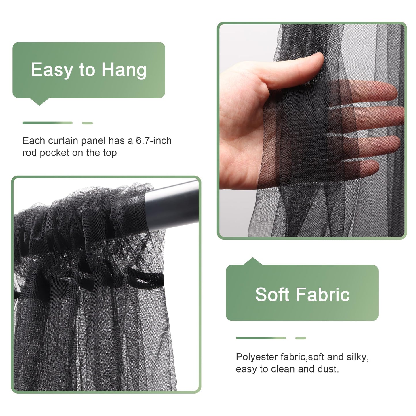 Xiomot Tulle Backdrop Curtain with Lights String 10FT X 8FT Black Sheer Tulle Backdrop Curtains for Wedding Birthday Party Reception Photo Booth Background Decorations (2 Panels 5x8FT)