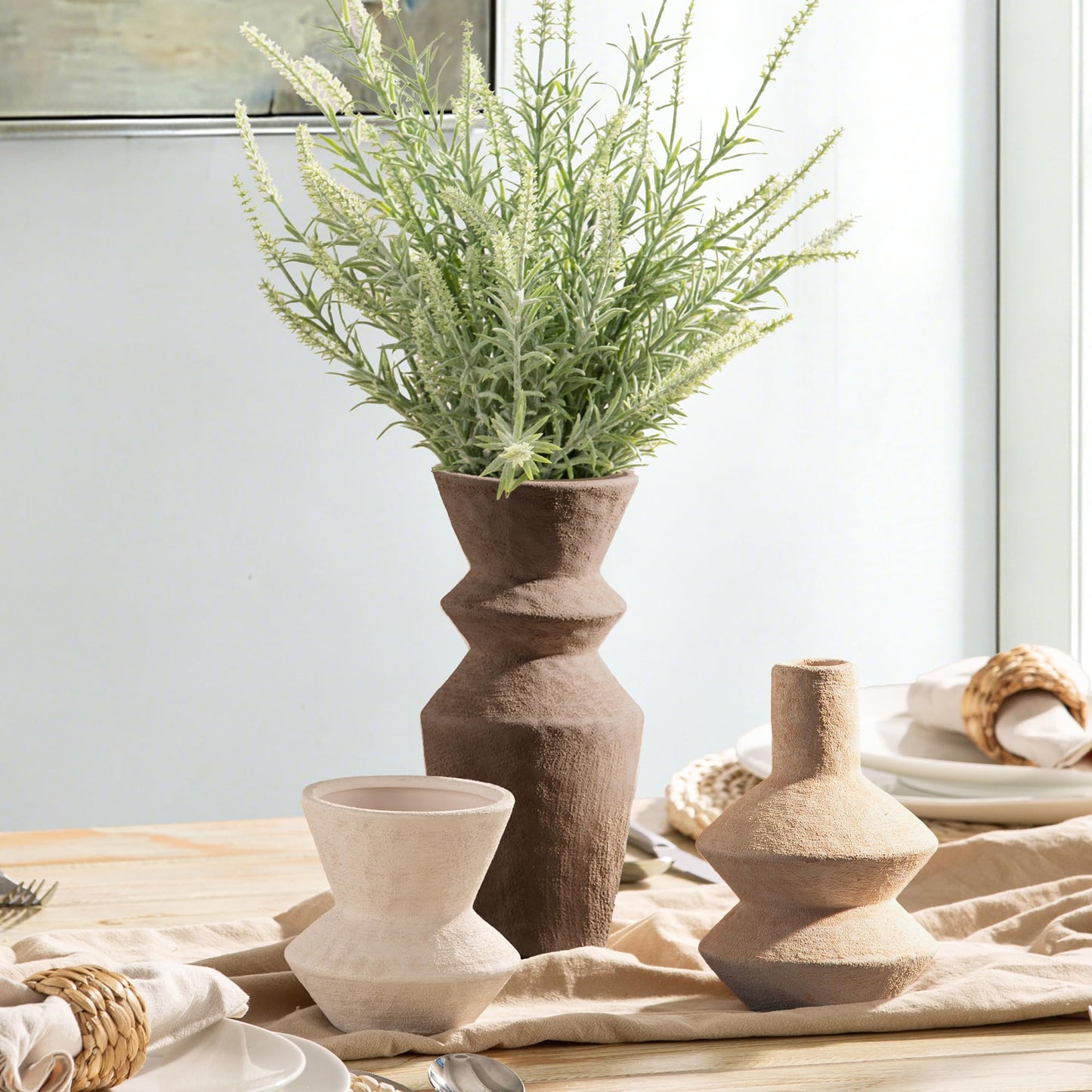 Ceramic Vase Home Table Decor - Flower Vase Set of 3 Living Room Kitchen Decorations Farmhouse Modern Rustic Vases Decorative Centerpiece for Shelf Bedroom Office Bathroom Dining Coffee Desk