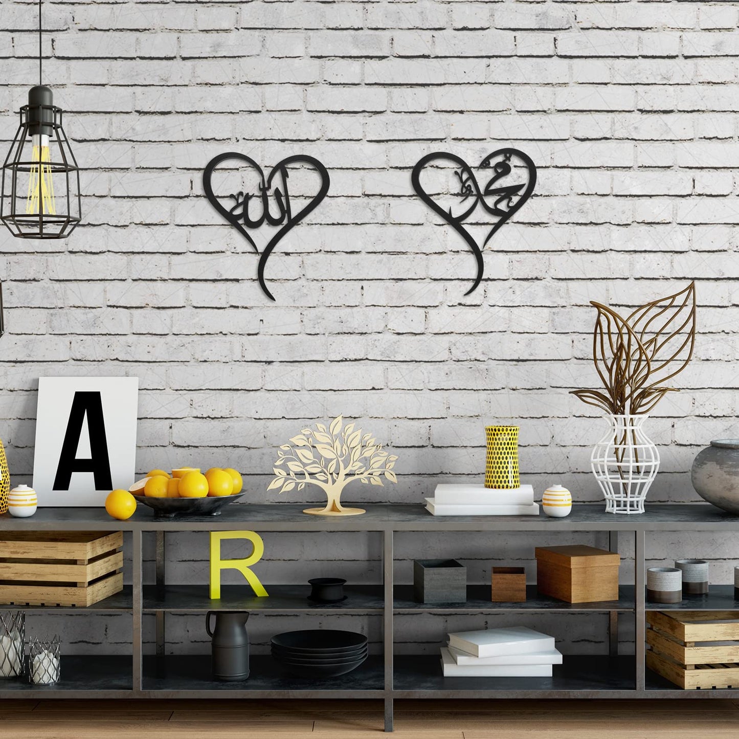 Yookeer 2 Pieces Islamic Wall Art Decor for Living Room Ramadan Muslim Gift Allah Mohammad Calligraphy Wall Indoor Decor Wooden Islamic Art for Eid al Fitr Home Bedroom(Black)