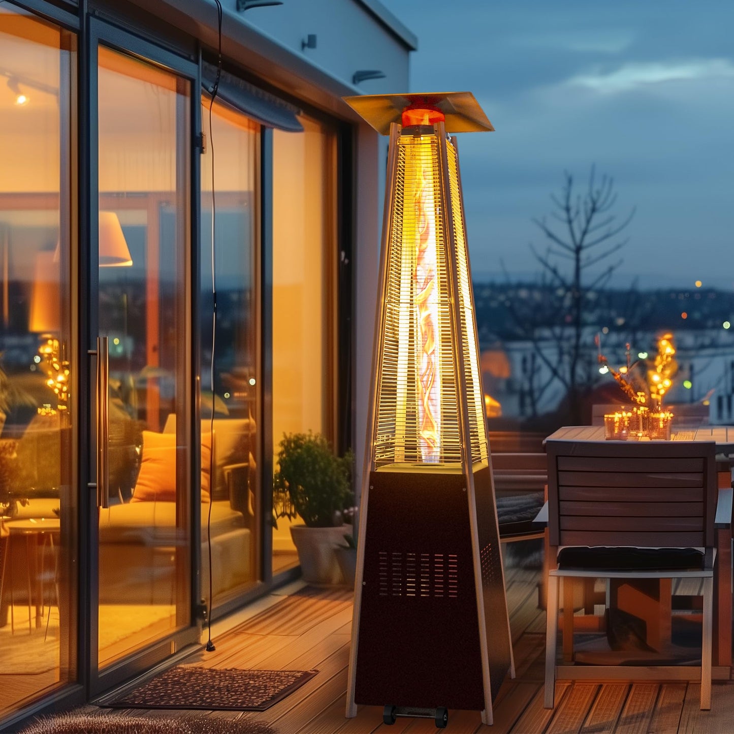 PATIOPIA 48,000 BTU Flame Pyramid Pool Heater With Cover, Triple Safety Protection Portable Patio Heater with Patio Cover, Warm Glass Tube with Durable Wheels-Brown