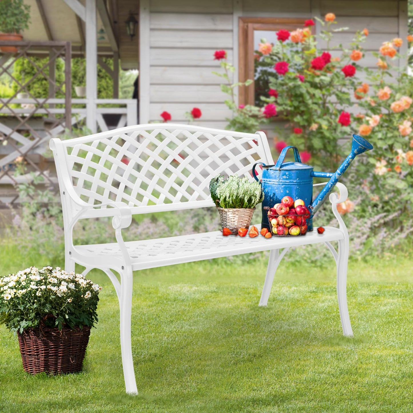 VINGLI 40.5" Patio Garden Bench,Anti- Rust Cast Iron Cast Aluminum Frame for Outdoor Path Yard Lawn Work Entryway Decor Deck (White)