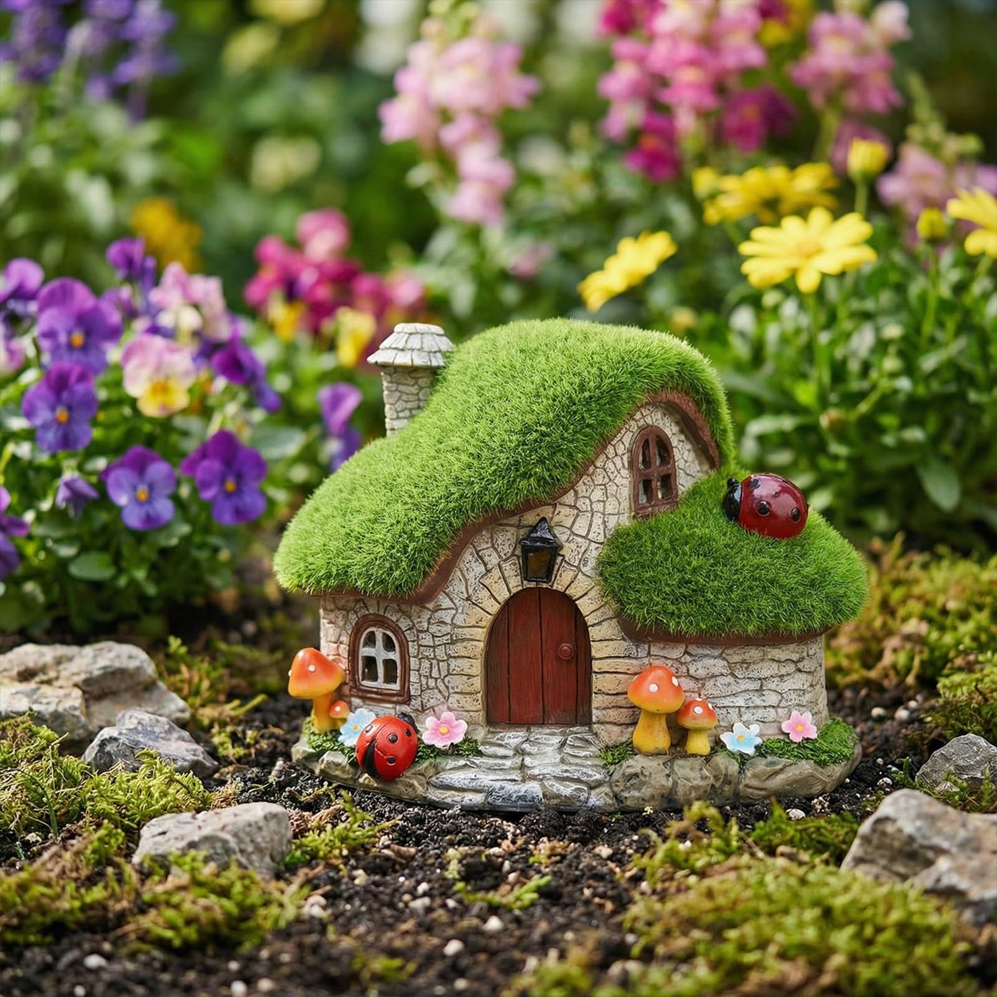 Solar Fairy Garden House Accessories, Outdoor Garden Statues with Ladybug Lights & Mushroom Gardening Gifts for Women, House Sculpture Figurine Outside Garden Decorations for Yard Patio Lawn Decor