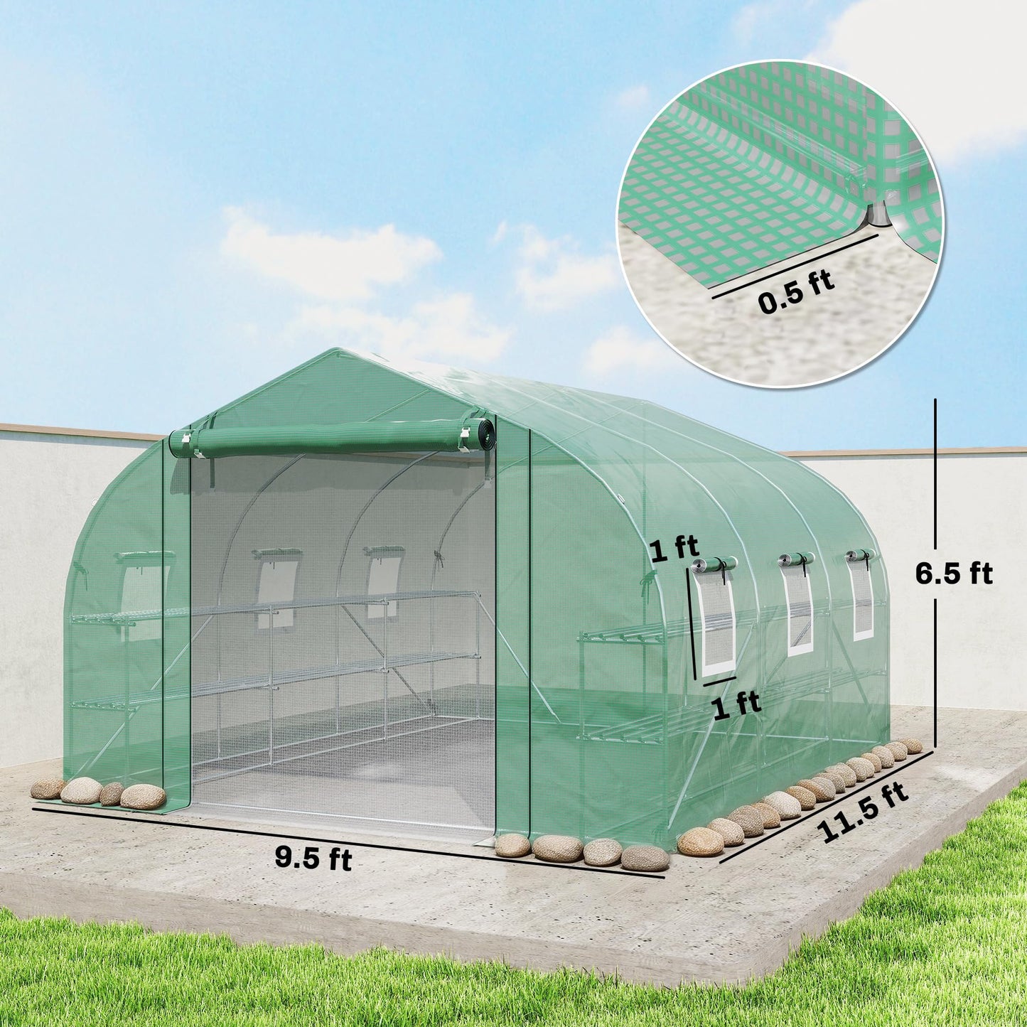 Outsunny 10'x11'x6' Walk-in Tunnel Greenhouse with Shelves, Mesh Door and Windows, Plant Hot House with PE Cover, Outdoor Green House for Patio Lawn Garden, Green