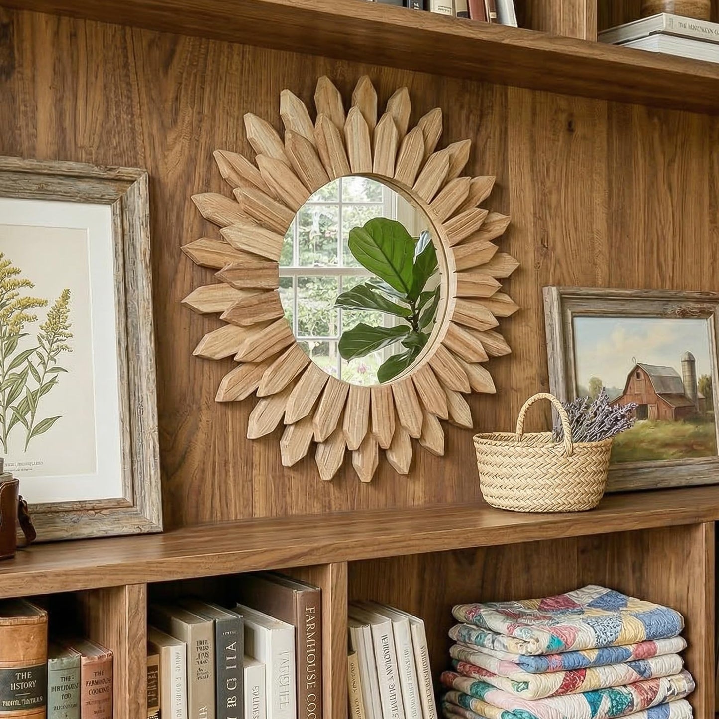 VETROVUE 24 Inch Brown Boho Wall Decor Sunburst Mirror - Round Wooden Wall Decor, Handmade Rustic Circular Mirror for Living Room, Bedroom, Entryway, Office