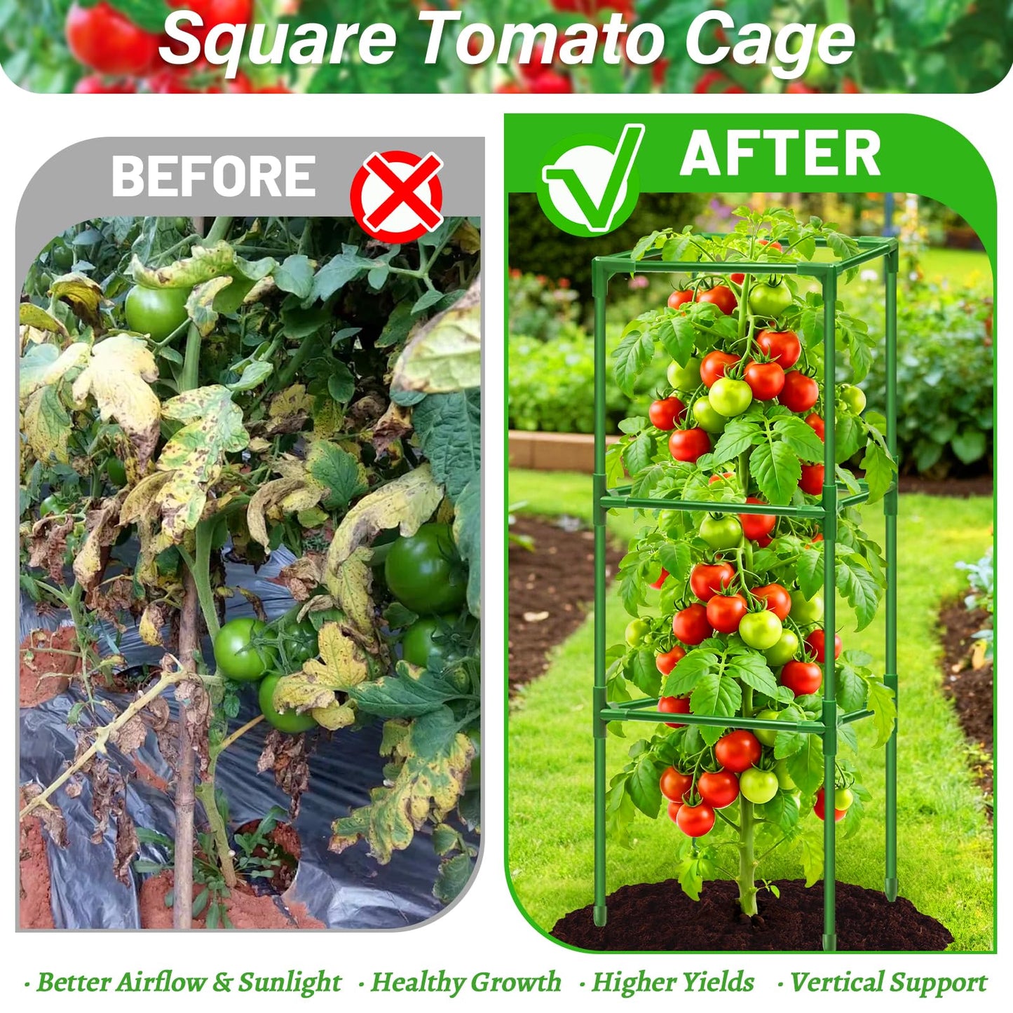 Sunwinx 4 Pack Square Tomato Cages for Garden, 45 Inch Adjustable Tomato Stakes, Metal Tomato Trellis, Garden Plant Support for Potted Climbing Plants, Vegetables Flowers Fruits, Raised Garden Bed