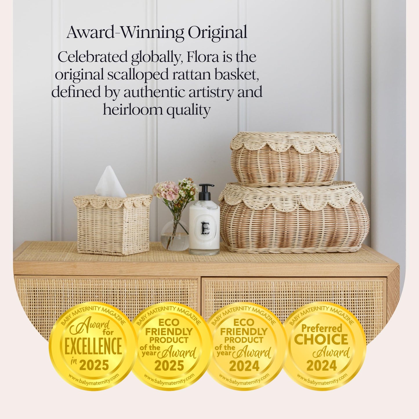 BEBE BASK The Original Scalloped Basket with Lid – Set of 2 (15 x 11 x 6 in) – Hand-Woven Rattan Scalloped Wicker Basket with Lid, Storage Baskets with Lids for Organizing (Stripey)