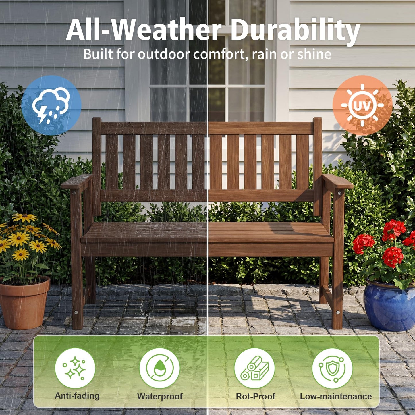 ACUEL Outdoor Bench, 2-Person Garden Bench, Poly Lumber Patio Bench for Outdoors, Porch, and Park (Brown)