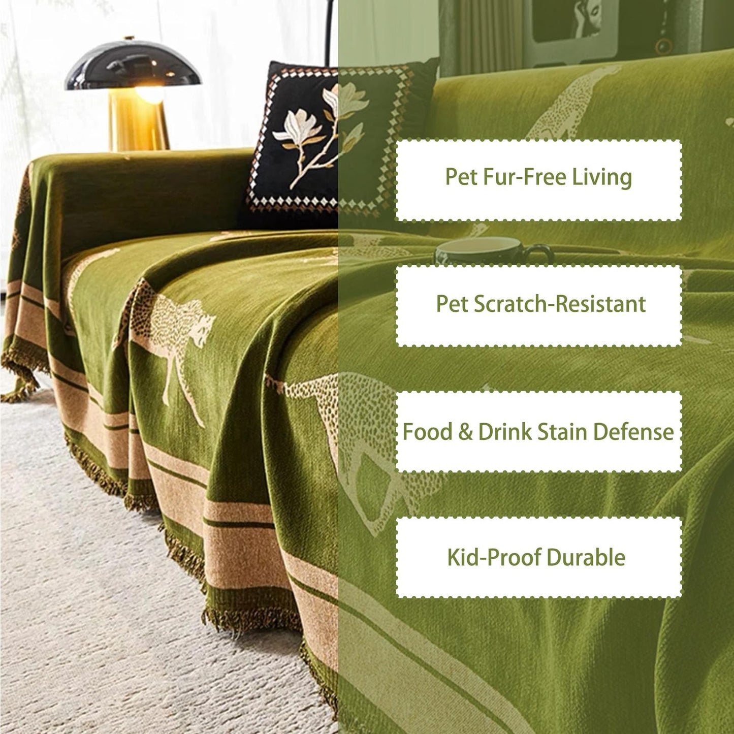 EvaLoome Chenille Sofa Cover with Tassels, Non-Slip Couch Cover for 3/4 Seat Sofas, Washable Furniture Protector for Pets & Kids, Modern Leopard Pattern Chenille Blanket (Green, 71"x165")