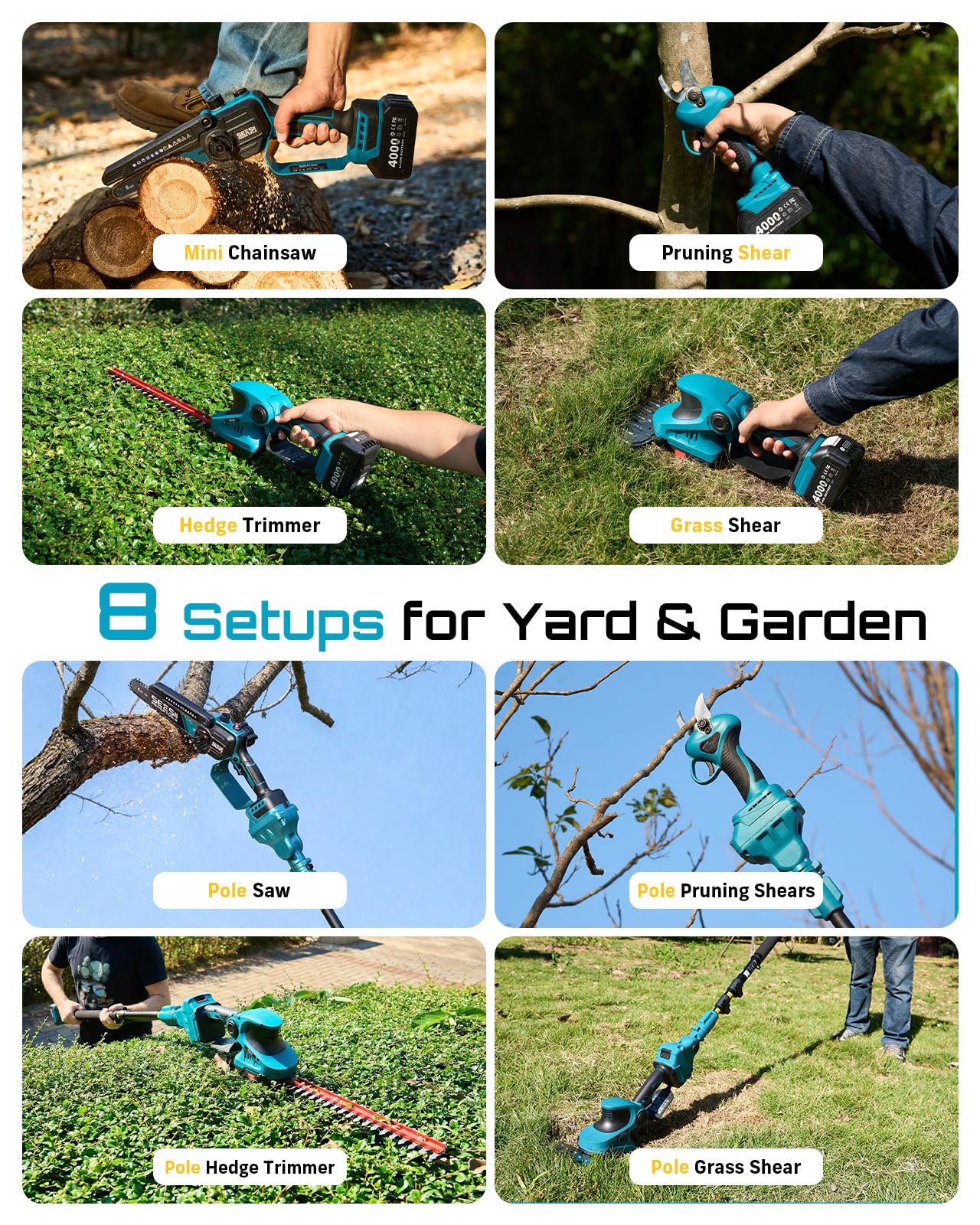 SEESII Cordless Pole Chainsaw, Hedge Trimmer, Pruning Shears, 4000mAh Battery Powered Extendable Garden Tool Kit for Outdoor Use, Electric Long Reach Saw, Hedge and Grass Trimmer, Pruner for Yard Care